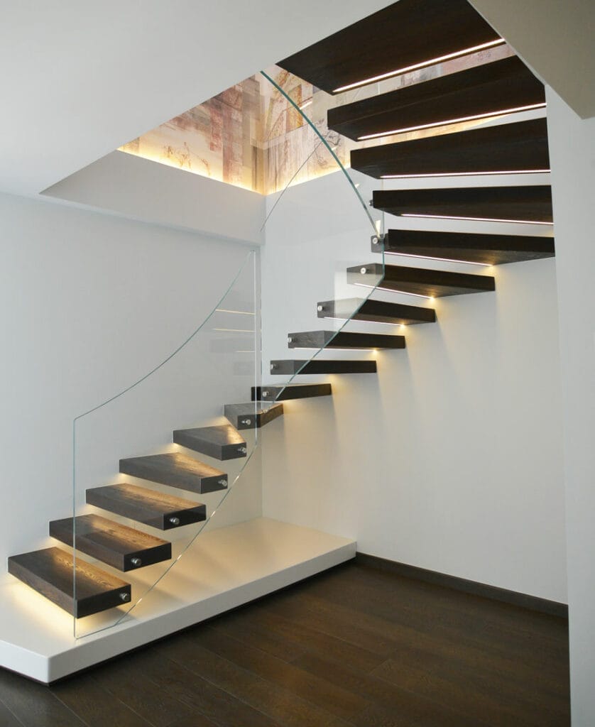 Premium Floating Stairs- Stained Beech Treads - Glass Balustrade