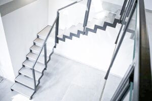 Zig Zag Metal Staircase with Glass Panel Balustrade