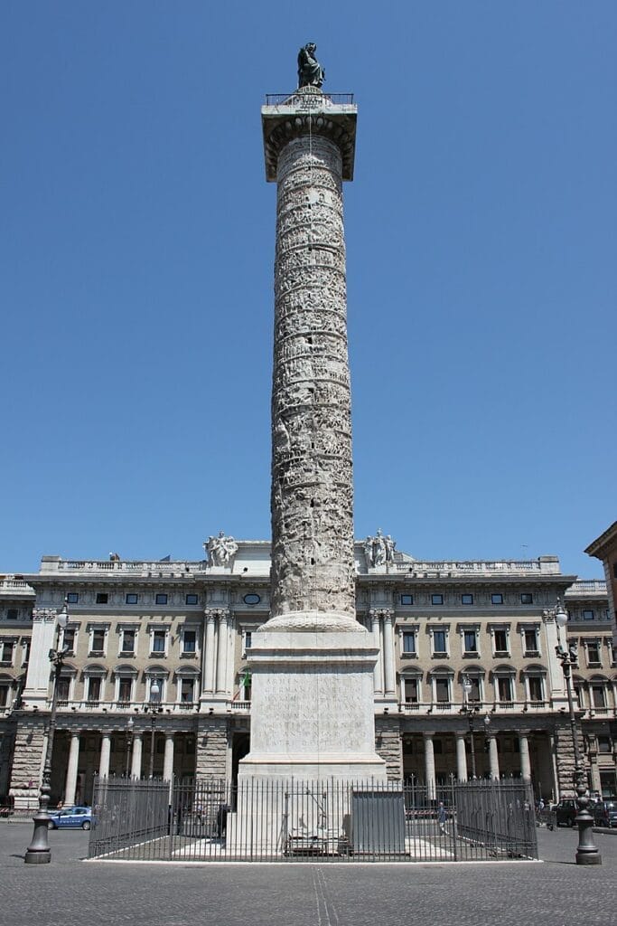 Column of Marcus Aurelius. An almost 30 m high spiral staircase winds up inside, with 14 steps per full turn.