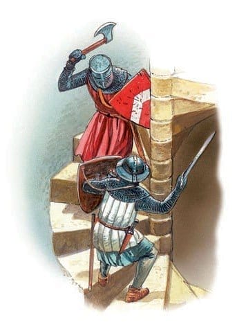 Knights Demonstrating how to fight on a spiral staircase